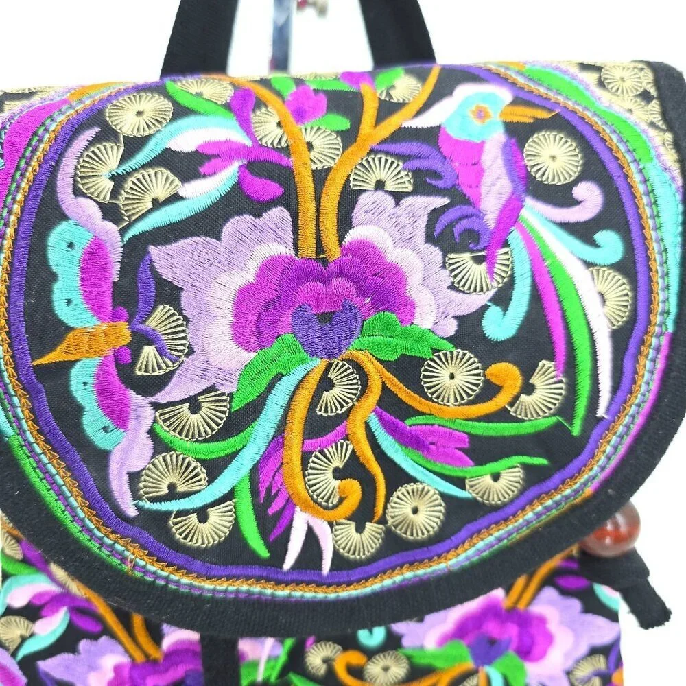 Women's Canvas Oriental Purple Floral Embroidered Asian Small Backpack